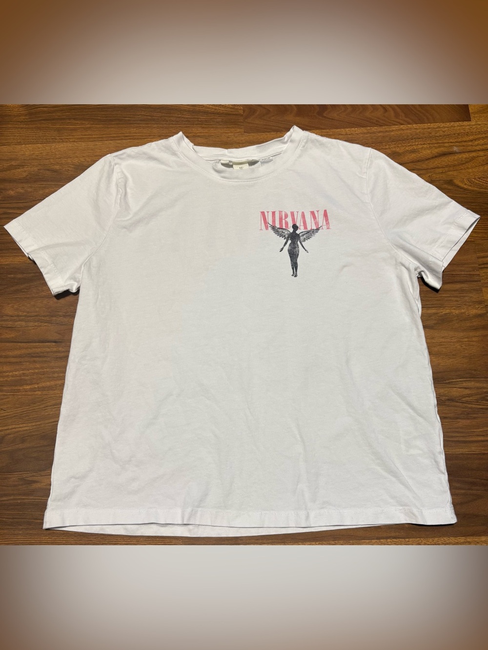 H&M White Nirvana Short-Sleeve Tee with Pink Logo